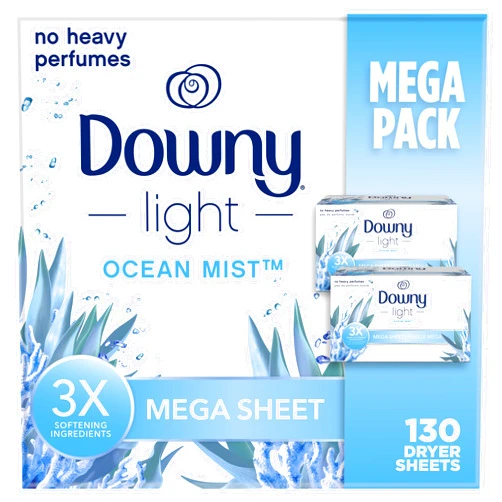 Downy Light Mega Dryer Sheets, Fabric Softener Dryer Sheets, Ocean Mist, 130 Count