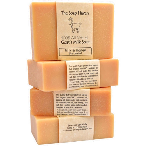 The Soap Haven 4 Goat Milk Soap Bars with Honey - Handmade in USA. All Natural Soap - Unscented, Fragrance Free, Fresh Goats Milk. Wonderful for Sensitive Skin and Babies. SLS, Paraben, GMO-Free.