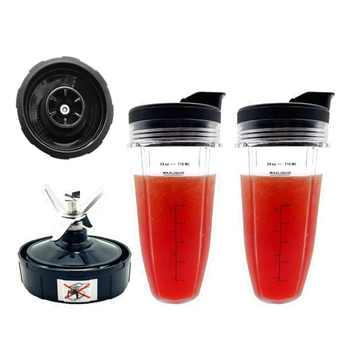 GENQORN Blender 24 oz Cups with Lids & 6 Fins Female Blade Replacement Parts for Ninja, Extractor Blade for Nutri Ninja Auto iQ BL480D 30 DOB, BL450 69, BL456 70, BL480 70, BL455 30 DOB, BL482 30 DOB