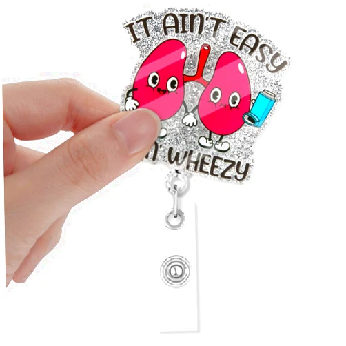 Xipromi It Ain't Easy Bein Wheezy Badge Reels Retractable Glitter with Clip, Funny Badge Holder Gift for Lung Respiratory Therapist RT RRT Pulmonary Care Doctor Nurse Healthcare Worker, Asthma Gift
