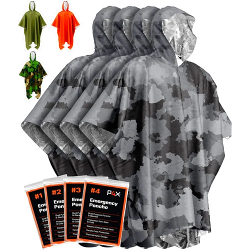 PREPARED4X Emergency Poncho and Mylar Blanket Liner - Waterproof, Wind-Resistant Green Outdoor Rain Poncho for Camping and Car Emergencies