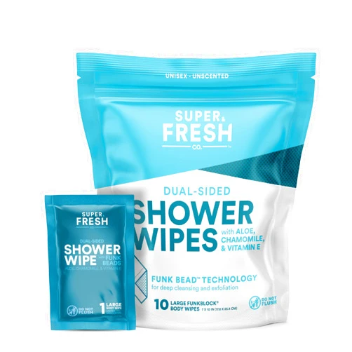Super & Fresh Co. Super Fresh FunkBlock Shower Wipes - Large Body Wipes for Hygiene, Camping Wipes, Gym & Travel. No Rinse Bathing Wipes with Aloe & Vitamin E. Unscented. Bag of (10) Individually Wrapped Wipes