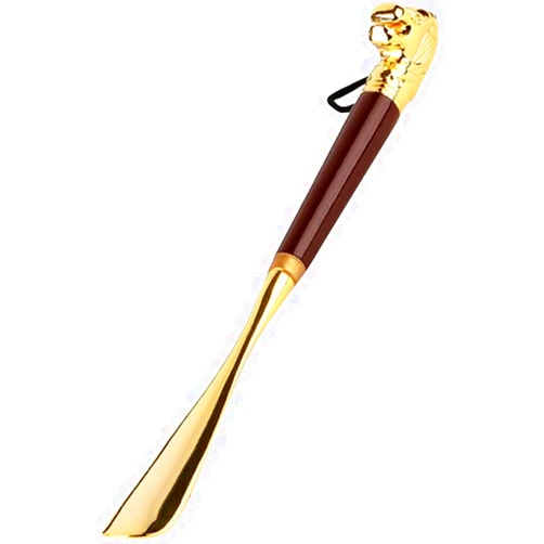 FGQuelle Shoe Horn Long Handle for Seniors High-end Luxury Lion Head Shape Shoe Helper, Household Long and Short Handle Shoe Lifter, Exquisite Storage Bag (Color : Gold, Size : 31 * 3.5cm)