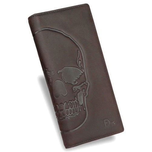 DK86 Skull Long Wallet For Men Full Grain Leather Rfid Blocking Rodeo Wallet Bifold Wallet Skull Wallet, Coffee A