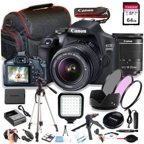 Canon EOS 2000D / Rebel T7 w/EF-S 18-55mm F/3.5-5.6 Zoom Lens + 64GB Memory, Filters,Case, Tripod, LED Light, Remote, and More (35pc DSLR Camera Bundle) (Renewed)