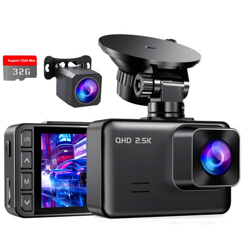 E-YEEGER Dash Cam Front and Rear, 2.5K+1080P Dual Dash Camera for Cars, 2’’ Display Mini Car Camera, G-Sensor Dashcam, Night Vision, 24H Parking Mode, Loop Recording, 170°Wide Angle, 32GB Card Included