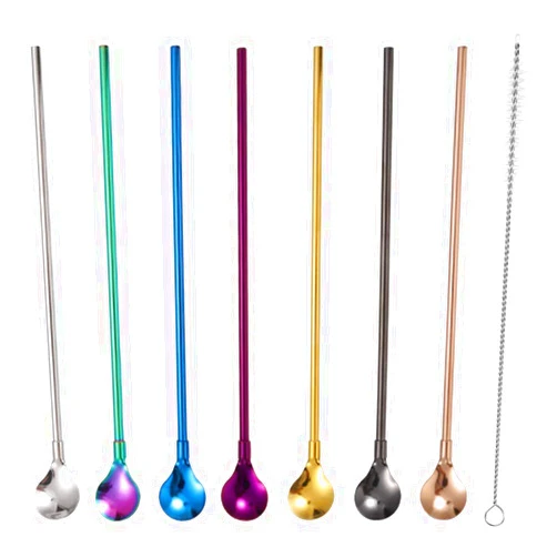 Falytemow Spoon Straws Reusable Stainless Steel Drinking Spoon Straws Metal Cocktail Spoons Straws with Long Cleaning Brush for Drink Milkshake Smoothies Ice Cream Sundaes 7 Color Set of 7