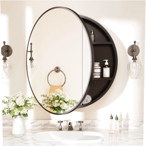 TETOTE 24 x 24 Inch Medicine Cabinet Mirror Black Framed Round Mirrored Medicine Cabinets for Bathroom Adjustable Shelves Modern Bathroom Mirror with Storage Wall Mounted