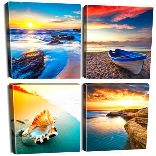 Artscope 4 Pieces Canvas Prints Wall Art - Sunset Seaside Scenery Picture Painting- Modern Wall Artwork Framed for Bathroom Home Office Decor - 12 x 12 Inch