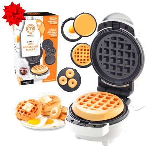 MasterChef 3-in-1 Mini Breakfast Maker- Make Eggs, Pancakes, Donuts, & Waffles and More in One Appliance! 3 Removable Non-Stick Cooking Plates for Easy Cleaning & Storing- Great Birthday, Holiday Gift
