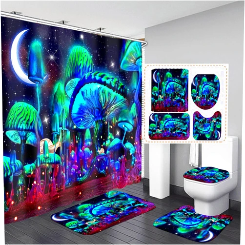 jieprom 4PCS Mushroom Bathroom Shower Curtain Set with Rugs, Toilet Lid Cover and Bath Mat, Moon and Stars with 12 Hooks, Durable Bathroom Decor Set