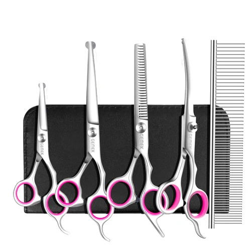 GEMEK Dog Grooming Scissors Set, 4CR Stainless Steel Safety Round Tip Pet Professional Grooming Tool 5 Pieces Kit - Straight, Curved, Thinning Shears & Comb for Dogs, Cats and Other Animals