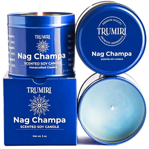TRUMIRI Nag Champa Candle for Home Scented - Velas Aromáticas Para el Hogar - 5 oz Soy Wax Natural Clean Organic Non Toxic - for Aromatherapy Meditation Gift Bathroom Kitchen - Long Lasting - Heavily Scented