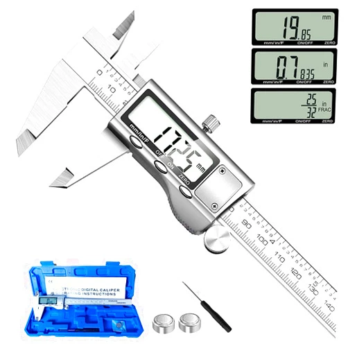 Jiavarry Digital Caliper Measuring Tool, Stainless Steel Vernier Caliper Digital Micrometer with Large LCD Screen, Easy Switch from Inch Metric Fraction, 6 Inch Caliper Tool for DIY/Household