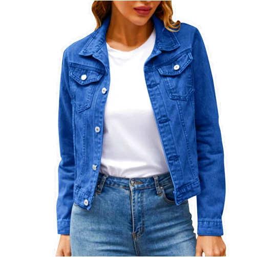 Generic Women's Denim Jackets Fall Trendy Button Lightweight Jean Jacket Long Sleeve Plus Size Denim Jacket Cropped Coat