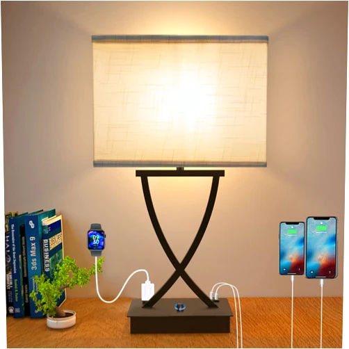 OYedis Fully Dimmable Medium Table Lamp for Bedroom with Type C/USB Charging Port and 1 AC Outlet White Shade 21.38