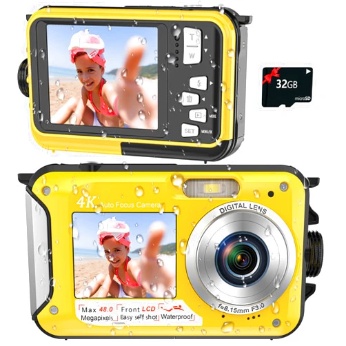 YISENCE 4K Waterproof Camera 11FT Underwater Camera with 32GB Card 48MP Autofocus Selfie Dual-Screen Underwater Cameras for Snorkeling, Waterproof Compact Digital Camera 1250mAh Battery（Yellow）
