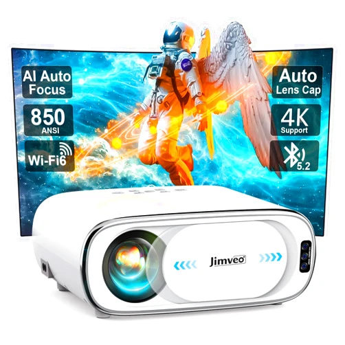 Jimveo [AI Auto Focus+Auto Lens Cap]Outdoor-Projector 4K with WiFi 6 and Bluetooth:Upgrade 850 ANSI Native 1080P Jimveo Portable Projector, Auto 6D Keystone&Zoom,Home LED Movie Projector for Outdoor/Home Use