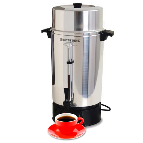 West Bend 33600 Coffee Urn Commercial Highly-Polished Aluminum NSF Approved Features Automatic Temperature Control Large Capacity with Fast Brewing and Easy Clean Up, 100-Cup, Silver