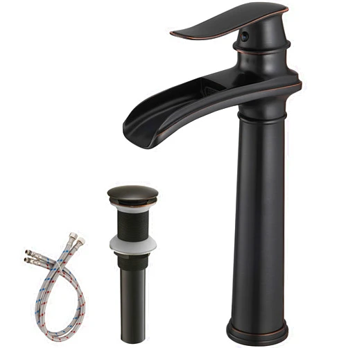 BWE Bathroom Vessel Sink Faucet Waterfall Spout Single Handle One Hole Oil Rubbed Bronze Tall Vessel Lavatory Vanity Faucet with Pop Up Drain Assembly and Supply Hose Lead-Free
