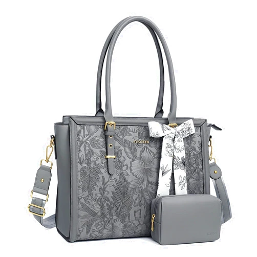 MOSISO Laptop Tote Bag for Women, 15.6-16 inch PU Leather, Compatible with MacBook, HP, Dell, Asus Notebook, Front Embossed Retro Hibiscus Computer Bag with Silk Scarf & Clutch Purse, Gray