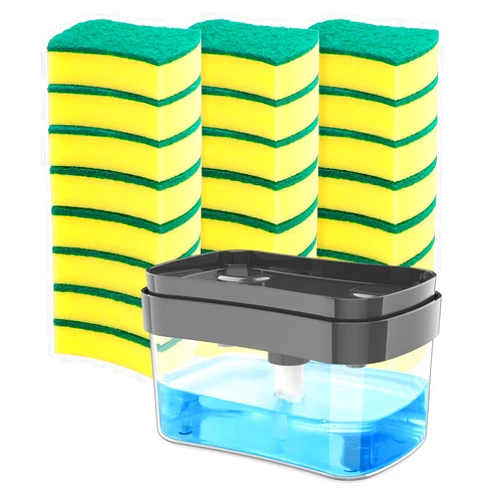 HOMEXCEL Dish Soap Dispenser with 24 Scrub Sponges for Kitchen Sink, 2 in-1 Premium Soap Dispenser with Sponge Holder, 24 Cleaning Sponges with Dishwashing Soap Pump Dispenser for Kitchen Countertop