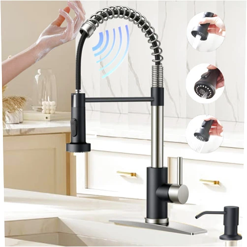 VIDEC Smart Touch On Kitchen Faucet, 3 Modes Pull Down Sprayer, Sensor Activated, Ceramic Disc Valve, 360-Degree Rotation, 1 or 3 Hole Deck Plate. 10-Year Warranty. (KW-62NR, Brushed Nickel/Black)