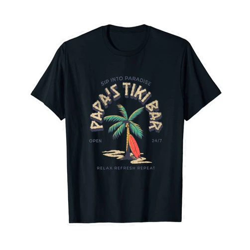 BizzyflyUSA Papa's Tiki Bar Vintage Surfboard Dad Palm Tree Beach Funny T-Shirt