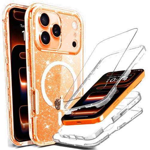 Coolwee Magnetic Bling Full Protective for iPhone 17 Pro Max Case [Non Yellowing] Heavy Duty Compatible with MagSafe Crystal Clear Glitter 3 Piece Full Body Protection Rugged Shockproof for Women Girl