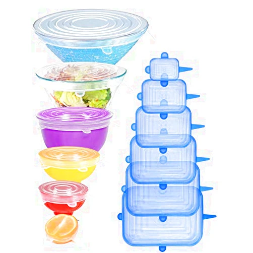Longzon [12pack] Longzon Silicone Stretch Lids 6 Clear Round 6 Blue Rectangle, Magic Lids Reusable Food Covers for Bowls, Cups, Cans, Fit Different Sizes & Shapes of Container, Dishwasher & Freezer Safe