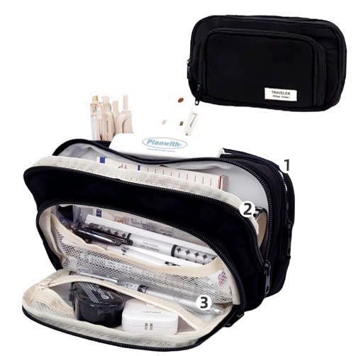 Onlvye Big Capacity Pencil Case 3 Compartments Large Pencil Pouch Pen Bag Pencil Box Holder Organizer Simple Storage Aesthetic Stationery Cosmetics for Adults Men Women Office Essentials (Black)