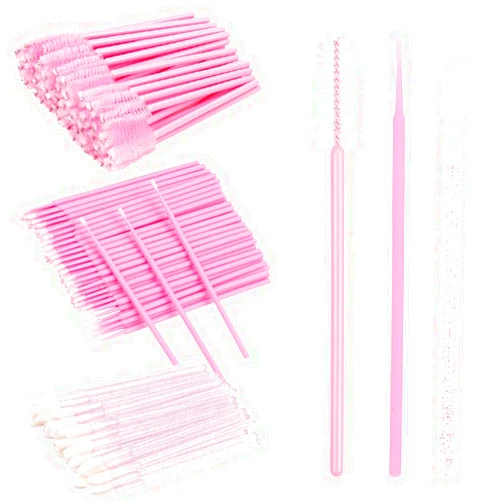 Mekupeu 300 PCS Eyelash Extension Supplies Kit Disposable Micro Brush Eyebrow Lash Spoolies Lip Stick Brush Mascara Wand Applicator Makeup Brush Tool (Pink Sets)