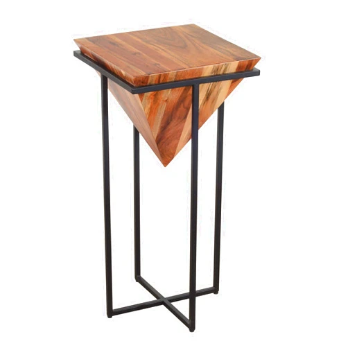 TUP THE URBAN PORT The Urban Port 30-Inch Pyramid Shape Wooden Side Table with Cross Metal Base, Brown and Black