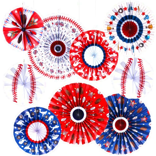 Outus 9 Pcs Football Party Decorations Hanging Paper Fans Baseball Football Birthday Party Classroom Fans Football Ceiling Hanging Garland for Sport Game Day Football Party Supplies Decor (Baseball)