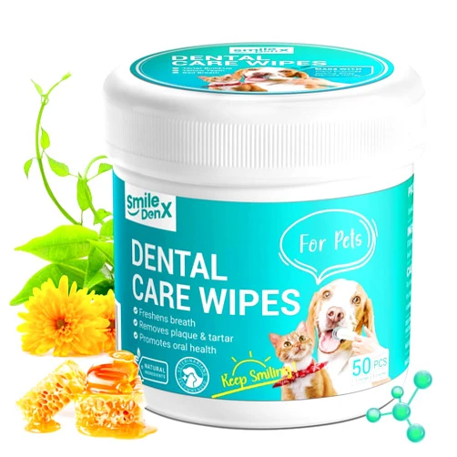 SmileDenX Dog Dental Care Wipes - Dog Teeth Cleaning Finger Wipes - Dog Tooth Brushing Kit Dental Wipes - Reduces Plaque & Freshens Breath (50 Pcs)