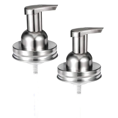 Amolliar Mason Jar Foaming Soap Dispenser Pump Lids, Rustproof Stainless Steel Lid Plastic Pump for Regular Mouth Mason Jar, Kitchen Bathroom Farmhouse Decor, Waterproof Stickers, Brushed Nickel 2Pack