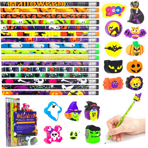 Generic Halloween Themed 16 Pencils with 16 Giant Eraser Toppers in Assorted Designs Stationery Pencil Set for Halloween Goody Bag Filler Kids Classroom Gift Prize Rewards & Party Favor Designs Vary