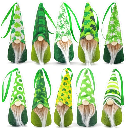 DKJOCKY 10Pcs St. Patricks Day Hanging Figurines Decor Gnome Plush Handmade Irish Home Ornaments Green Leprechaun Clover Gifts Decor Spring Decoration
