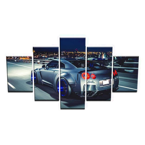 WALKKING WAYS Wall Art Canvas Painting Silver Grey Skyline Gtr Sport Car Picture, 5 Panel Giclee Artwork Wall Art HD Prints Decor for Home and Office Decoration (No frame,12X18inch-2P 12X24inch-2P 12X30inch-1P)