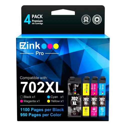 E-Z Ink Pro Remanufactured Ink Cartridge Replacement for Epson 702XL 702 XL 702 T702 to use with Workforce Pro WF-3720 WF-3730 WF-3733 Printer (1 Large Black, 1 Cyan, 1 Magenta, 1 Yellow, 4 Pack)
