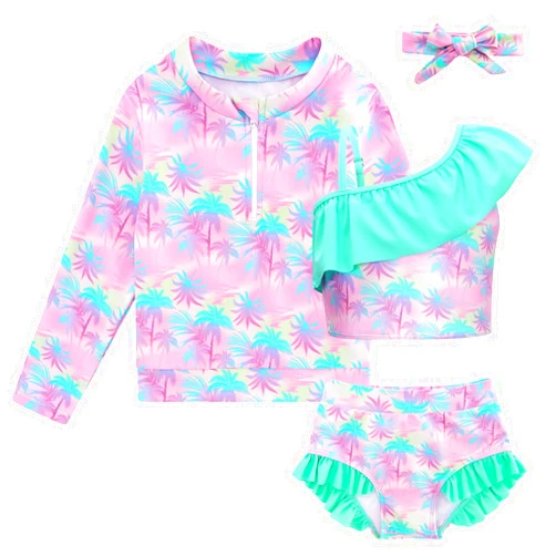 Funnycokid Baby Toddler Girls Swimsuit 4 Piece Bathing Suit Long Sleeve Rash Guard Sets 6 Months - 5 Years