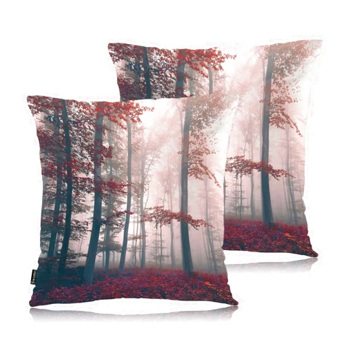 Swono Foggy Forest Throw Pillow Cases Pack of 2, Misty Autumn Tree Woods Landscape Square Cushion Covers Decor Pillow Covers for Couch Sofa Home Farmhouse Decoration 18 X 18 Inches Pillowcases