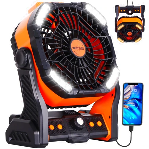 WESTTREE 20000mAh Battery powered fan Camping Fan essentials,Portable fan Battery Operated fan, Rechargeable Battery Operated Outdoor Tent Fan with Light & Hook,Personal USB Desk Fan for Camping,Orange