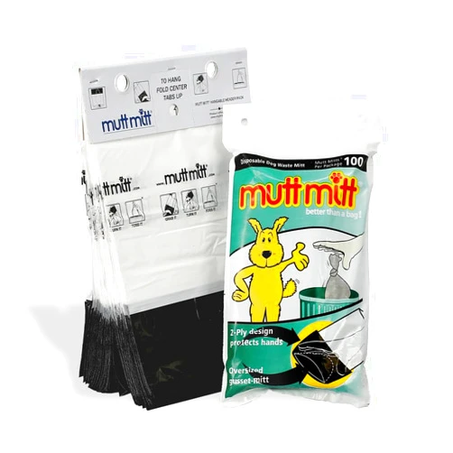 Mutt Mitt® New Listing, Same 100 White & Black 2-Ply Dog Waste Bags on 1 Dog Waste Bag Station Header - 300% Thicker than mini roll dog waste bags - no more warm & yuck feeling