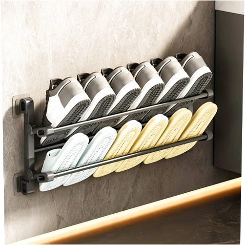 Aufmer Hanging Shoes Rack,2 Layer Bathroom Non Perforated Slipper Rack Wall Mounted Single Shoe Rack Bathroom Wall Door Shoe Storage Rack, Tilt Angle for Space Saving, Strong Self Adhesive Shoe Holder