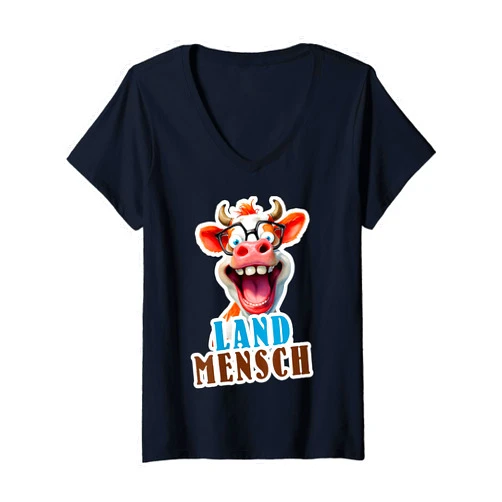 Motive für wahre Landmenschen mit Kühen Womens Laughing Cow with Glasses | Country Man | Funny & Funny V-Neck T-Shirt