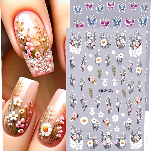 FBABFBUO Flower Nail Art Stickers Decals Flowers Daisy Butterfly Nail Designs Self-Adhesive Nail Decals 3PCS Chrysanthemum Floral Leaves Summer Nail Art Decorations Supplies Manicure Sliders for Women Girls