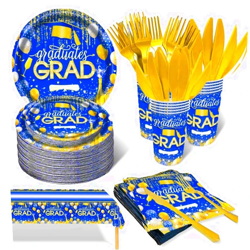 Vanjehou Graduation Party 2024 Supplies - 151PCS Grad Dinnerware Set(Serve 25) Disposable Paper Plates Tablecloth Napkins Cups Knives Spoons Forks for College High School Graduation Decorations（Blue）