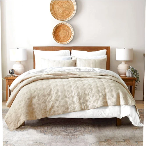 HORIMOTE HOME 100% Cotton Quilt King Size Beige Bedspread, Pre-Washed 3-Piece Cozy Lightweight Stitching Decorative Bedding Cover Coverlet Set with 2 Shams in Geometric Pattern for All Season