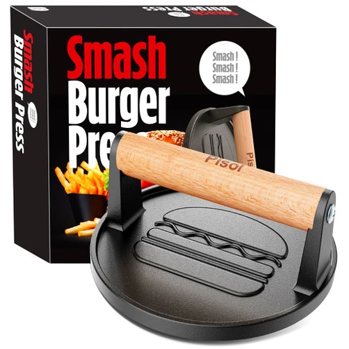 Pisol Smash Burger Press, Pre-Seasoned Cast Iron Hamburger Smasher, 2 lb Heavy-Duty Grill Bacon Meat Press Tool with Wood Handle, 6.6”